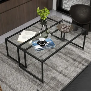 2-delige Salontafel Set – Bijzettafels van glas met stalen frame voor woonkamer en slaapkamer