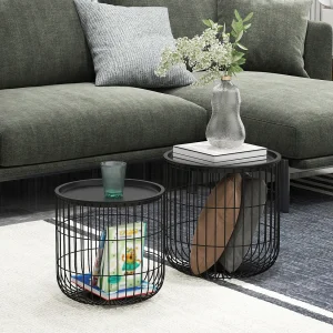 2-delige salontafelset, bijzettafel in Scandinavisch design, salontafel met opbergruimte van zwart staal voor woonkamer en moderne inrichting 2-delige salontafelset, bijzettafel in Scandinavisch design, salontafel met opbergruimte van zwart staal voor woonkamer en moderne inrichting