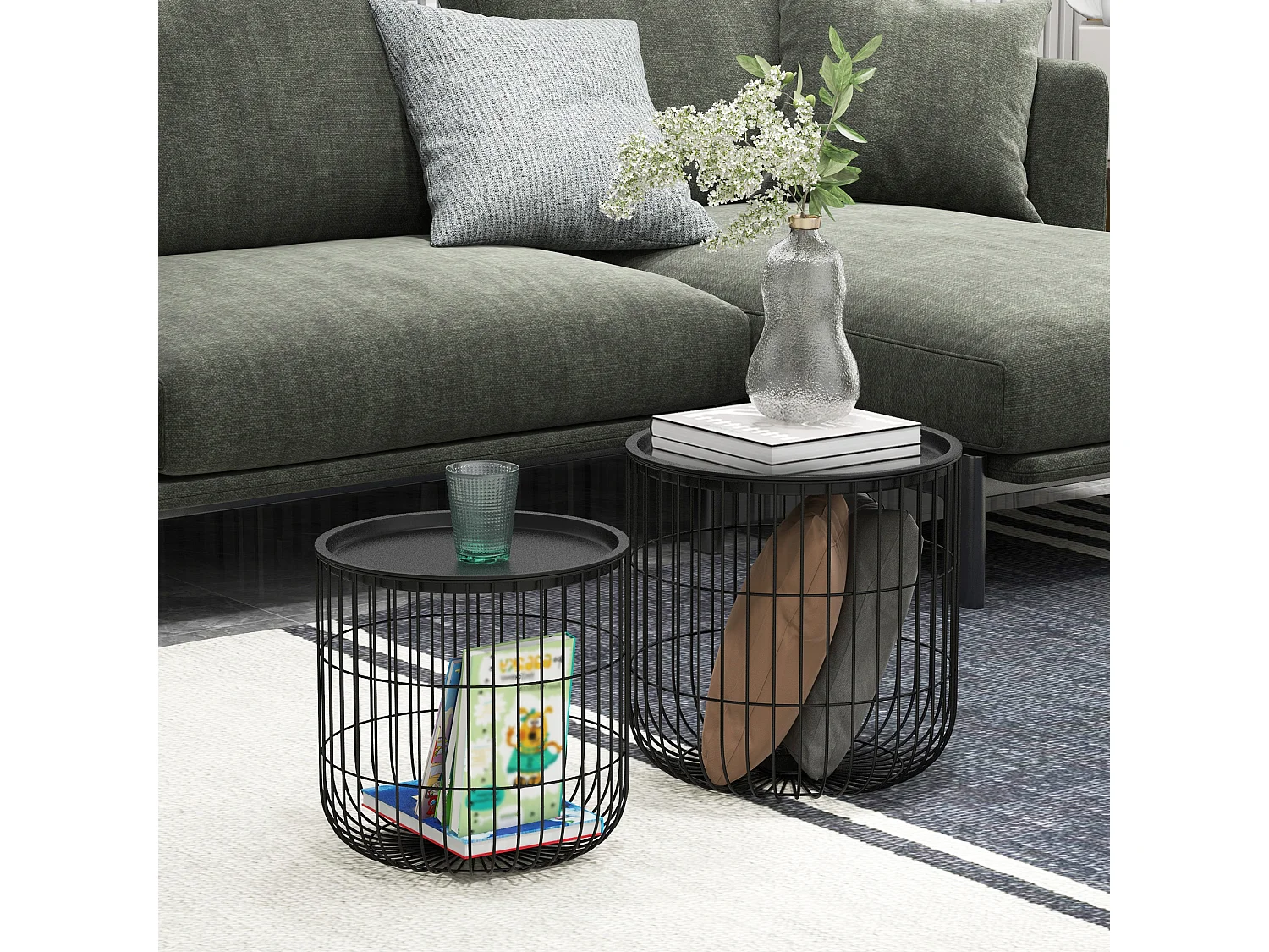 2-delige salontafelset, bijzettafel in Scandinavisch design, salontafel met opbergruimte van zwart staal voor woonkamer en moderne inrichting