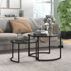 2-delige salontafelset met zwart stalen frame en gehard glazen tafelblad, gedeeltelijk stapelbaar voor woonkamer en lounge 2-delige salontafelset met zwart stalen frame en gehard glazen tafelblad, gedeeltelijk stapelbaar voor woonkamer en lounge