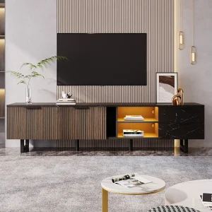200 cm TV-meubel met zwart marmerlook, donkere houten deuren, verstelbare LED-verlichting, 2 deuren en 2 lades, geschikt voor stofzuigerrobot. 200 cm TV-meubel met zwart marmerlook, donkere houten deuren, verstelbare LED-verlichting, 2 deuren en 2 lades, geschikt voor stofzuigerrobot.