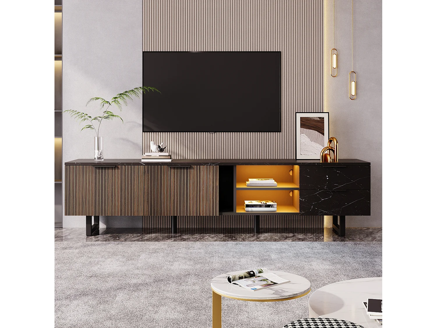 200 cm TV-meubel met zwart marmerlook, donkere houten deuren, verstelbare LED-verlichting, 2 deuren en 2 lades, geschikt voor stofzuigerrobot.