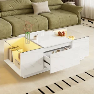 105 cm moderne, minimalistische salontafel met opbergruimte, LED-stemmingsverlichting, glasplaat en 2 laden 105 cm moderne, minimalistische salontafel met opbergruimte, LED-stemmingsverlichting, glasplaat en 2 laden