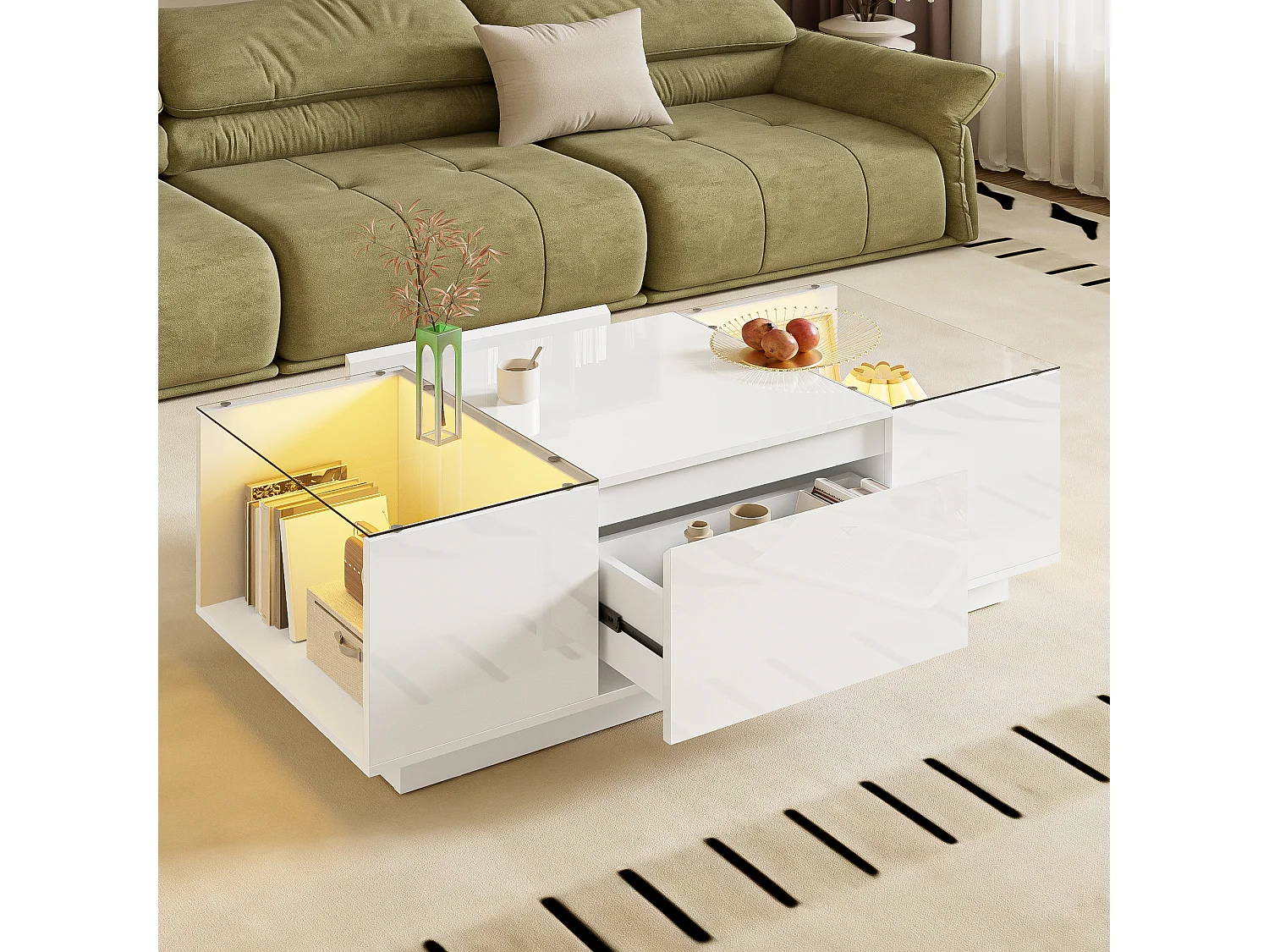 105 cm moderne, minimalistische salontafel met opbergruimte, LED-stemmingsverlichting, glasplaat en 2 laden