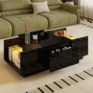 105 cm moderne, minimalistische salontafel met opbergruimte, LED-stemmingsverlichting, glasplaat en 3 laden 105 cm moderne, minimalistische salontafel met opbergruimte, LED-stemmingsverlichting, glasplaat en 3 laden