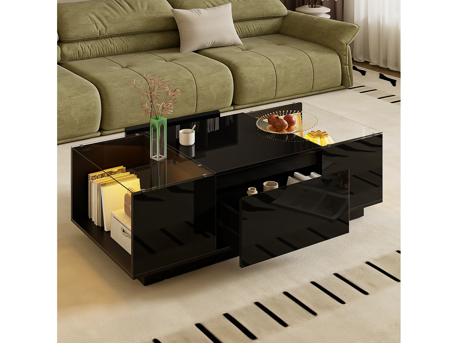 105 cm moderne, minimalistische salontafel met opbergruimte, LED-stemmingsverlichting, glasplaat en 3 laden