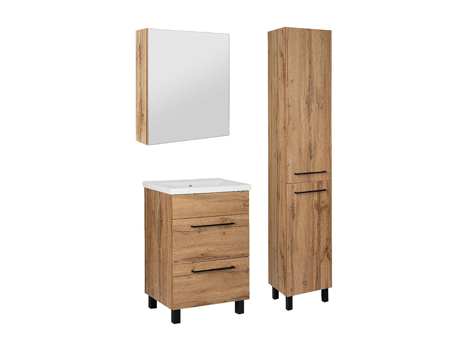 Badkamerset 50 cm Eiken Wotan Kast met wastafel Hoge kolom Kast met spiegel Sol