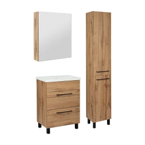 Badkamerset 60 cm Eiken Wotan Kast met wastafel Hoge kolom Kast met spiegel Sol Badkamerset 60 cm Eiken Wotan Kast met wastafel Hoge kolom Kast met spiegel Sol
