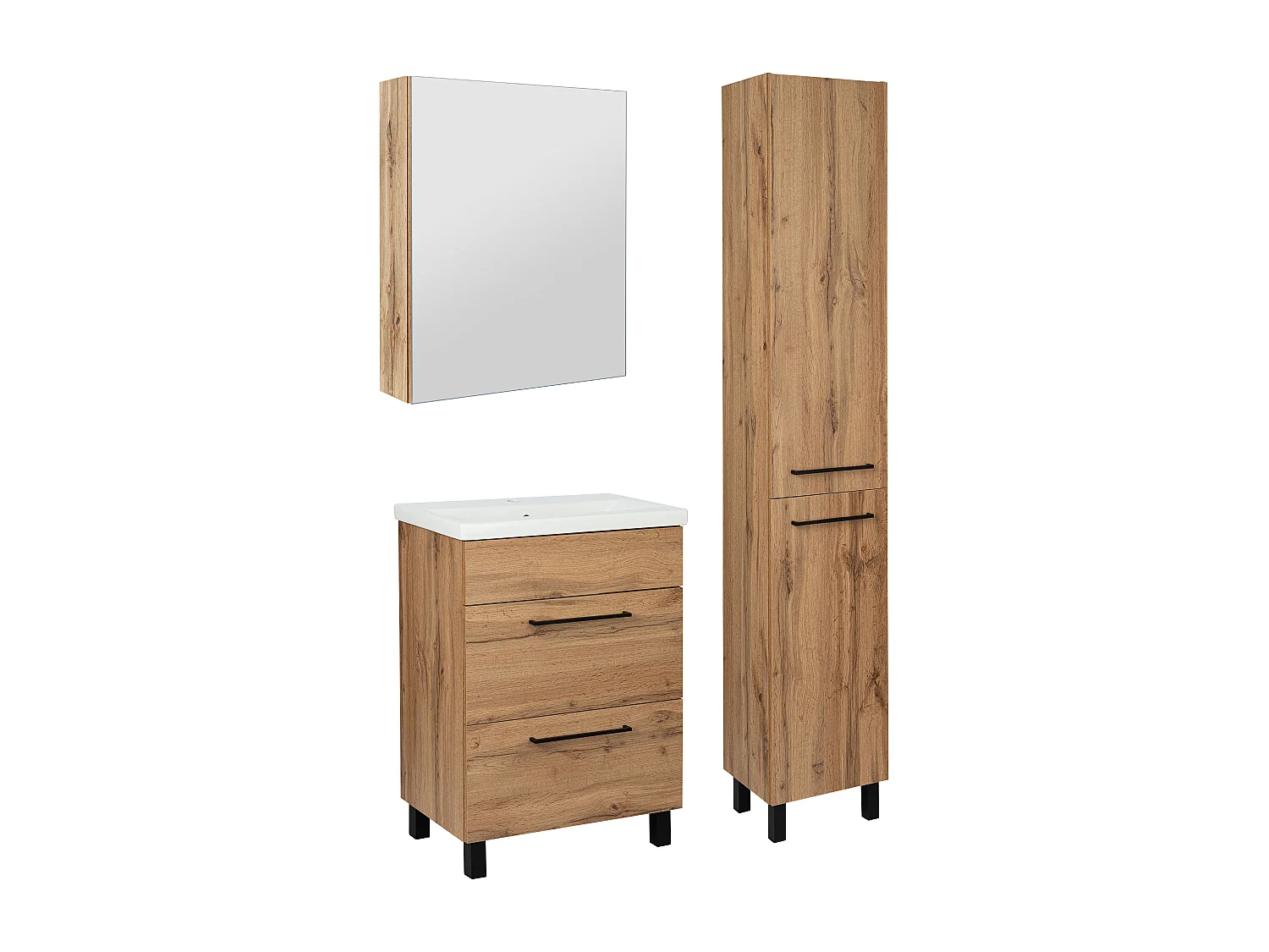 Badkamerset 60 cm Eiken Wotan Kast met wastafel Hoge kolom Kast met spiegel Sol