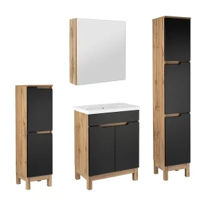 Badkamerset 60 cm Alma Kolommen Kast met spiegel Eiken Wotan / Mat zwart Badkamerset 60 cm Alma Kolommen Kast met spiegel Eiken Wotan / Mat zwart
