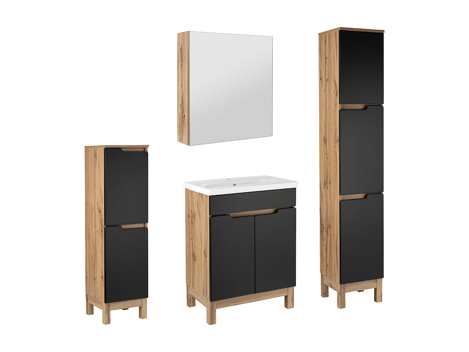 Badkamerset 60 cm Alma Kolommen Kast met spiegel Eiken Wotan / Mat zwart