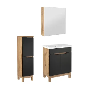 Badkamerset 60 cm Alma Halve kolom Kast met spiegel Eiken Wotan / Mat zwart Badkamerset 60 cm Alma Halve kolom Kast met spiegel Eiken Wotan / Mat zwart