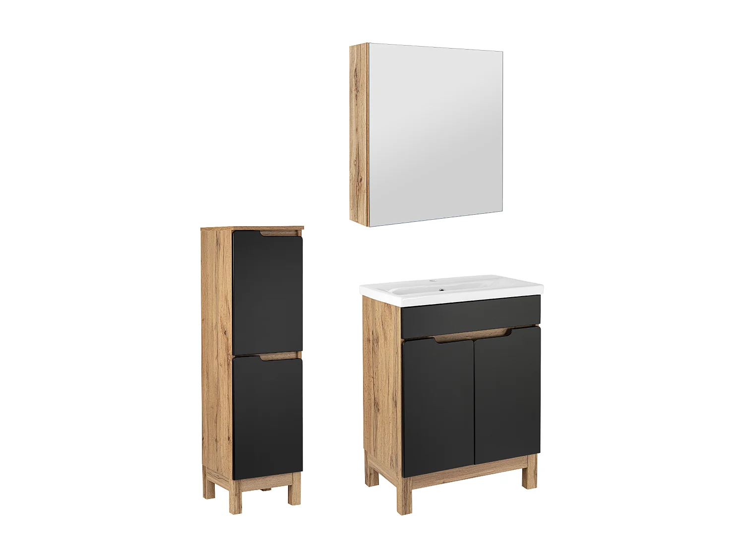 Badkamerset 60 cm Alma Halve kolom Kast met spiegel Eiken Wotan / Mat zwart
