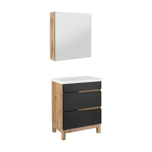 Badkamerset 60 cm Alma Kast met spiegel Eiken Wotan / Mat zwart Badkamerset 60 cm Alma Kast met spiegel Eiken Wotan / Mat zwart