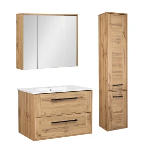Badkamerset 80 cm Vivien Eiken Wotan Kolom Kast met spiegel Badkamerset 80 cm Vivien Eiken Wotan Kolom Kast met spiegel