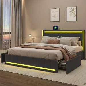 140×200 Bed met LED en USB-basis, 140×200 Opbergbed met Lattenbodem en 4 Laden, Grijs 140×200 Bed met LED en USB-basis, 140×200 Opbergbed met Lattenbodem en 4 Laden, Grijs