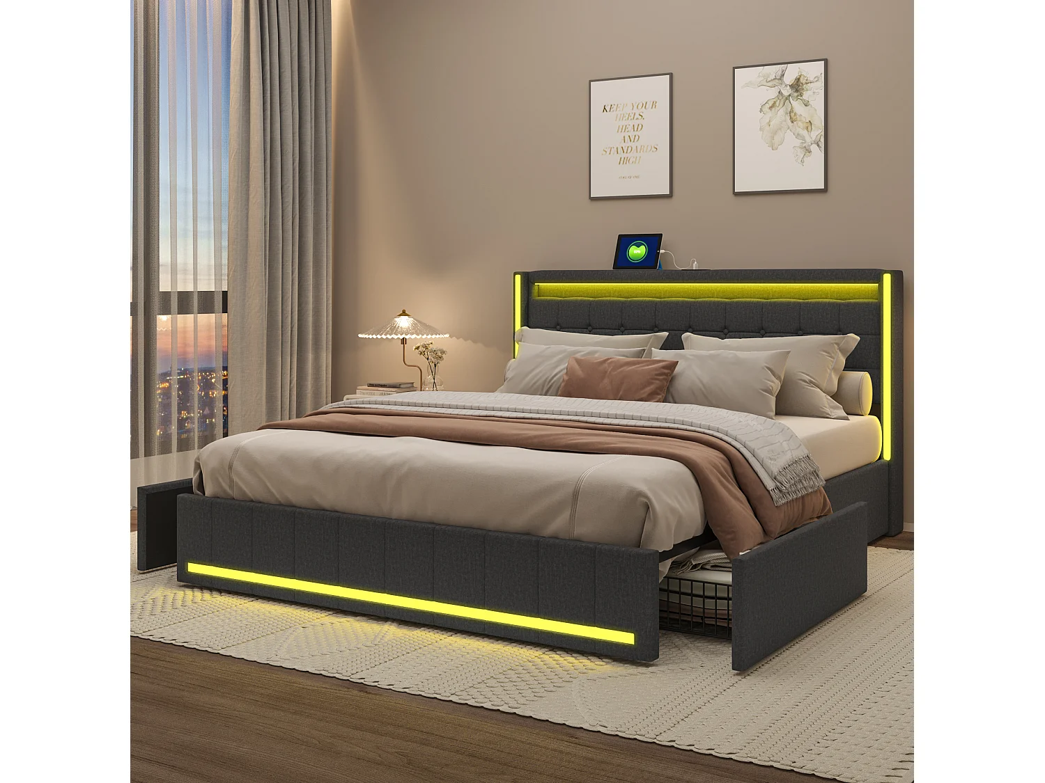 140×200 Bed met LED en USB-basis, 140×200 Opbergbed met Lattenbodem en 4 Laden, Grijs