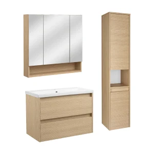 Badkamerset 80 cm Kast met wastafel Kolomkast met spiegel Geribbelde fronten Aria Badkamerset 80 cm Kast met wastafel Kolomkast met spiegel Geribbelde fronten Aria