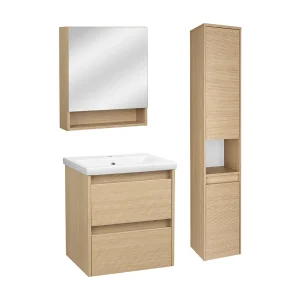 Badkamerset 50 cm Kast met wastafel Kolomkast met spiegel Geribbelde fronten Aria Badkamerset 50 cm Kast met wastafel Kolomkast met spiegel Geribbelde fronten Aria