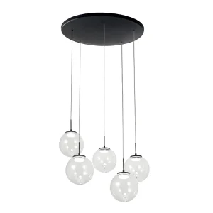 Ariel – Fabas Luce 5-lichts ronde hanglamp – 35W dimbare LED – Transparante ronde plafondrozet d.50cm