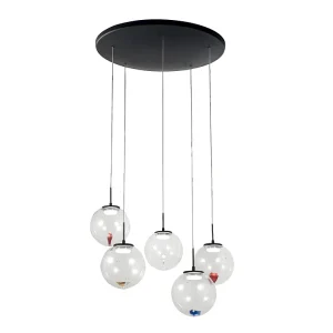Ariel – 5-lichts ronde hanglamp met Fabas Luce vormen – 35W dimbare LED – Transparante ronde plafondrozet d.50cm
