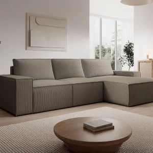 Grote hoekbank rechts uitklapbaar in taupe-kleurig corduroy AMELIA Grote hoekbank rechts uitklapbaar in taupe-kleurig corduroy AMELIA