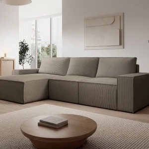 Grote hoekbank links uitklapbaar van ribfluweel in taupe AMELIA Grote hoekbank links uitklapbaar van ribfluweel in taupe AMELIA