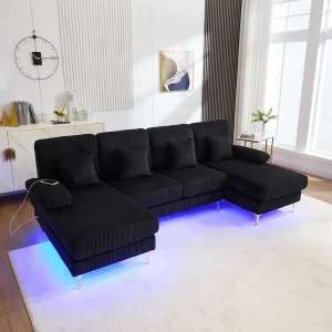 4-zits bank in zwart fluweel met LED-verlichting en USB-poort – modern U-vormig design 4-zits bank in zwart fluweel met LED-verlichting en USB-poort – modern U-vormig design