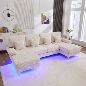 4-zits bank in beige fluweel met LED-verlichting en USB-poort – modern U-vormig design 4-zits bank in beige fluweel met LED-verlichting en USB-poort – modern U-vormig design