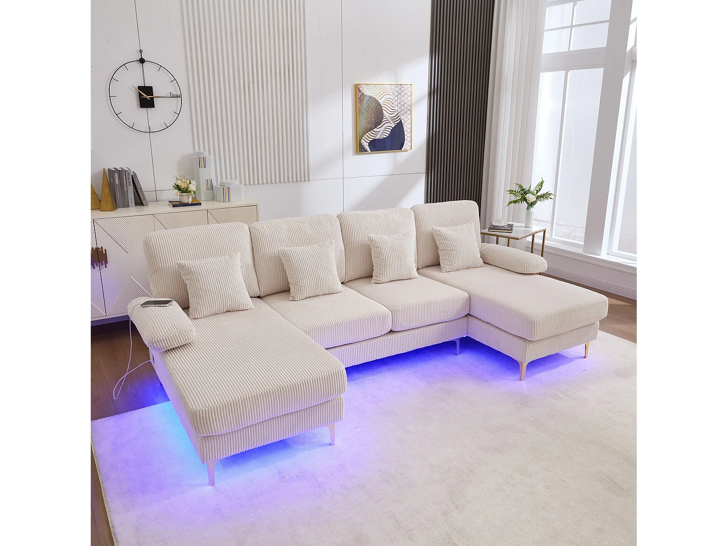 4-zits bank in beige fluweel met LED-verlichting en USB-poort - modern U-vormig design