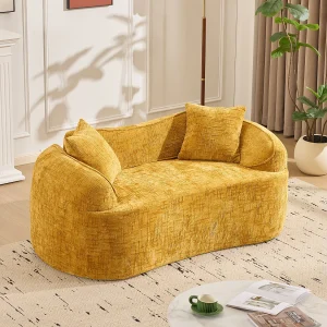 2-zits bank met armleuningen en zachte kussens, gebogen design – gele chenille 2-zits bank met armleuningen en zachte kussens, gebogen design – gele chenille