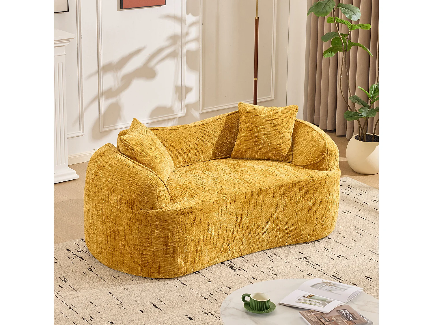 2-zits bank met armleuningen en zachte kussens, gebogen design – gele chenille