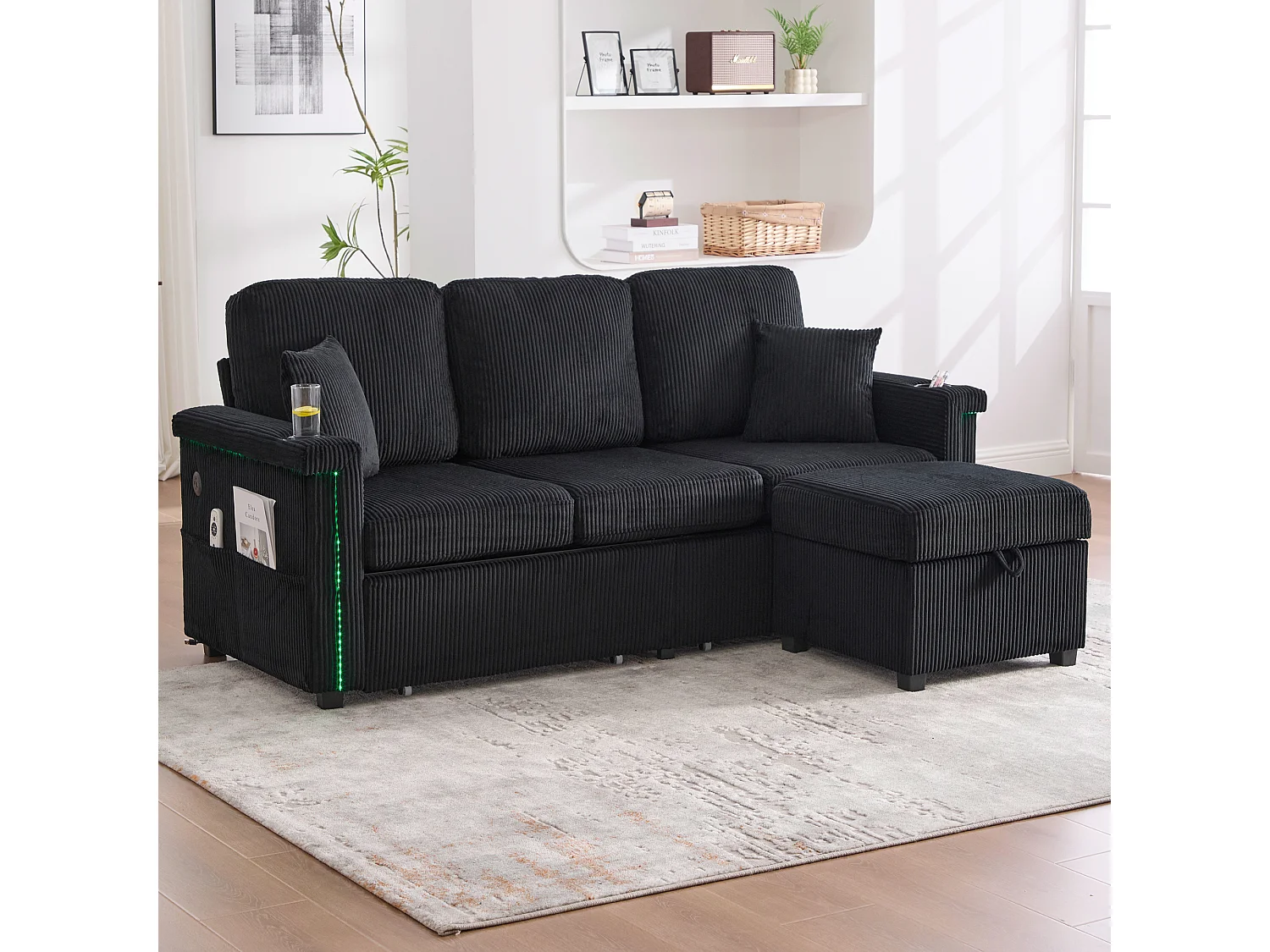 3-zits bank in zwarte corduroy met LED en USB, opberghocker en 2 lades