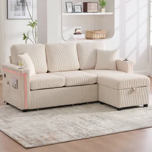 3-zits bank in beige corduroy met LED en USB, opberghocker en 2 lades