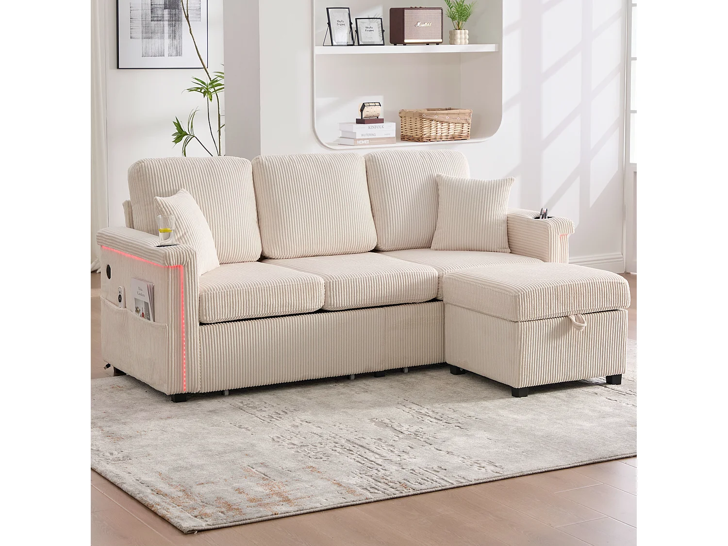 3-zits bank in beige corduroy met LED en USB, opberghocker en 2 lades