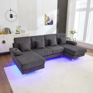4-zits bank in grijs fluweel met LED-verlichting en USB-poort – modern U-vormig design 4-zits bank in grijs fluweel met LED-verlichting en USB-poort – modern U-vormig design