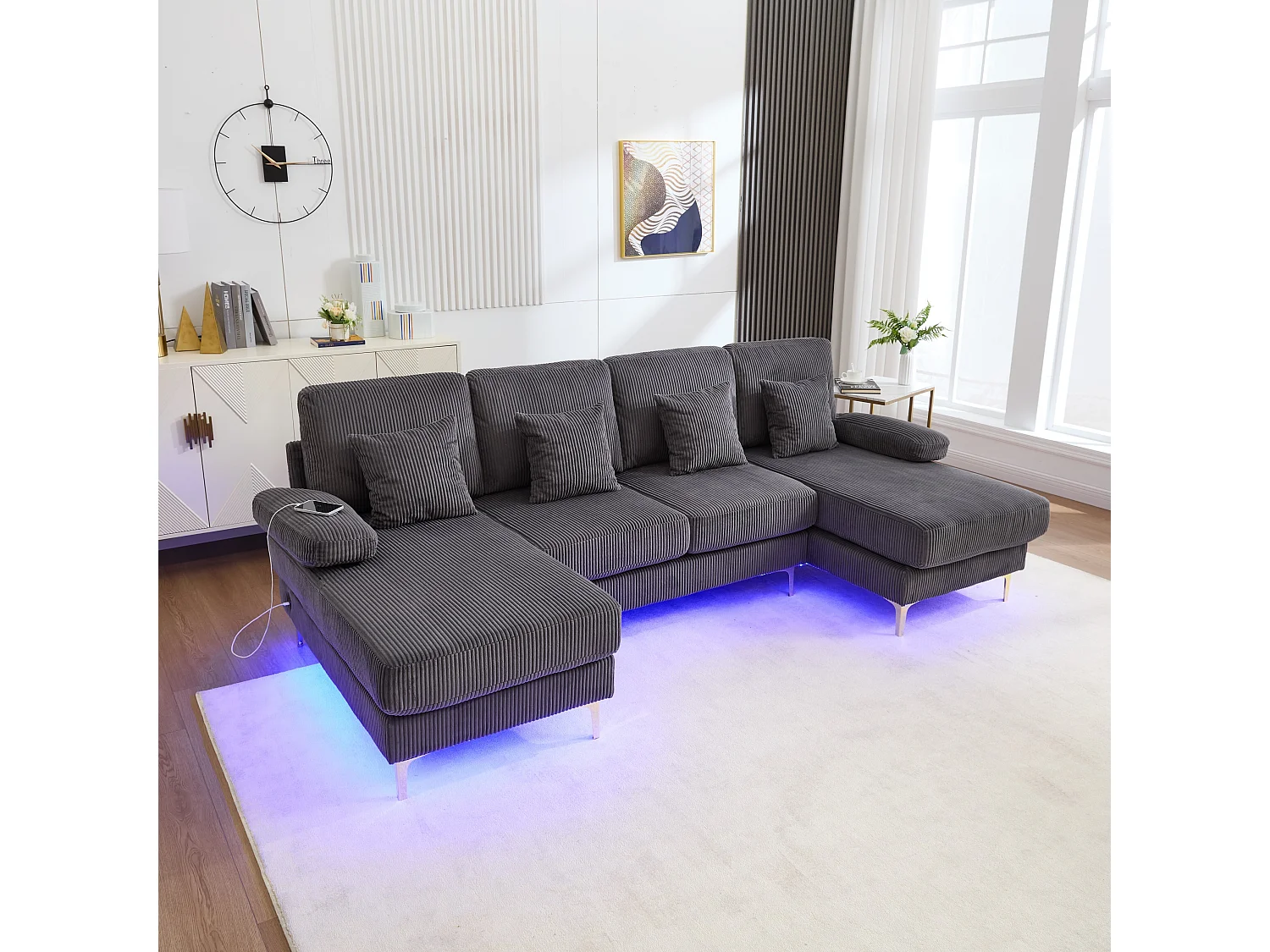 4-zits bank in grijs fluweel met LED-verlichting en USB-poort - modern U-vormig design