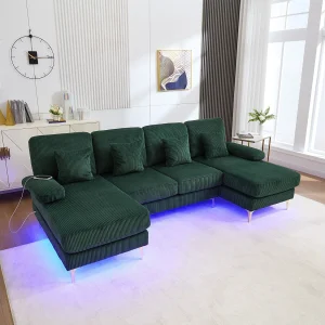 4-zits bank in groen fluweel met LED-verlichting en USB-poort – modern U-vormig design 4-zits bank in groen fluweel met LED-verlichting en USB-poort – modern U-vormig design