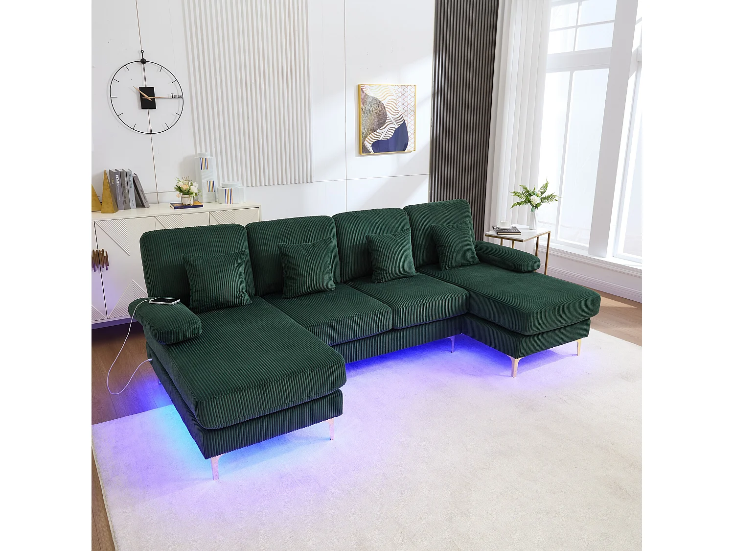 4-zits bank in groen fluweel met LED-verlichting en USB-poort - modern U-vormig design