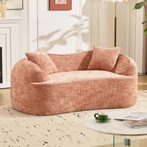 2-zits bank met armleuningen en zachte kussens, gebogen design – roze chenille 2-zits bank met armleuningen en zachte kussens, gebogen design – roze chenille