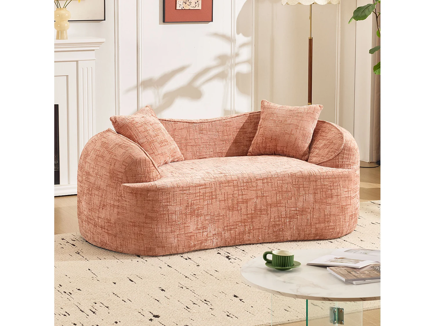 2-zits bank met armleuningen en zachte kussens, gebogen design – roze chenille