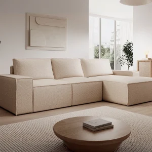Grote rechter hoekbank met slaapfunctie in beige gestructureerde stof AMELIA Grote rechter hoekbank met slaapfunctie in beige gestructureerde stof AMELIA