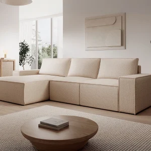 Grote beige linker hoekbank met slaapfunctie in getextureerde stof AMELIA