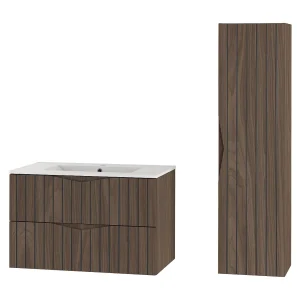 Badkamerset 80 cm Kast met wastafel Kolom Geribbelde fronten Eiken Noten Stella Badkamerset 80 cm Kast met wastafel Kolom Geribbelde fronten Eiken Noten Stella
