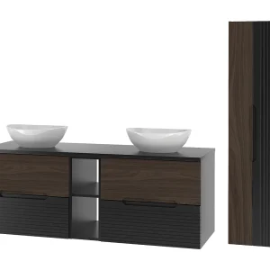 Badkamerset 140 cm Kast met blad Rek Wasbak Kolom Zwart mat / Notenhout Avella