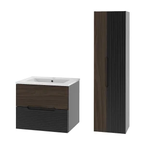 Badkamerset 60 cm Kast met wastafel Kolom Zwart mat / Notenhout Avella