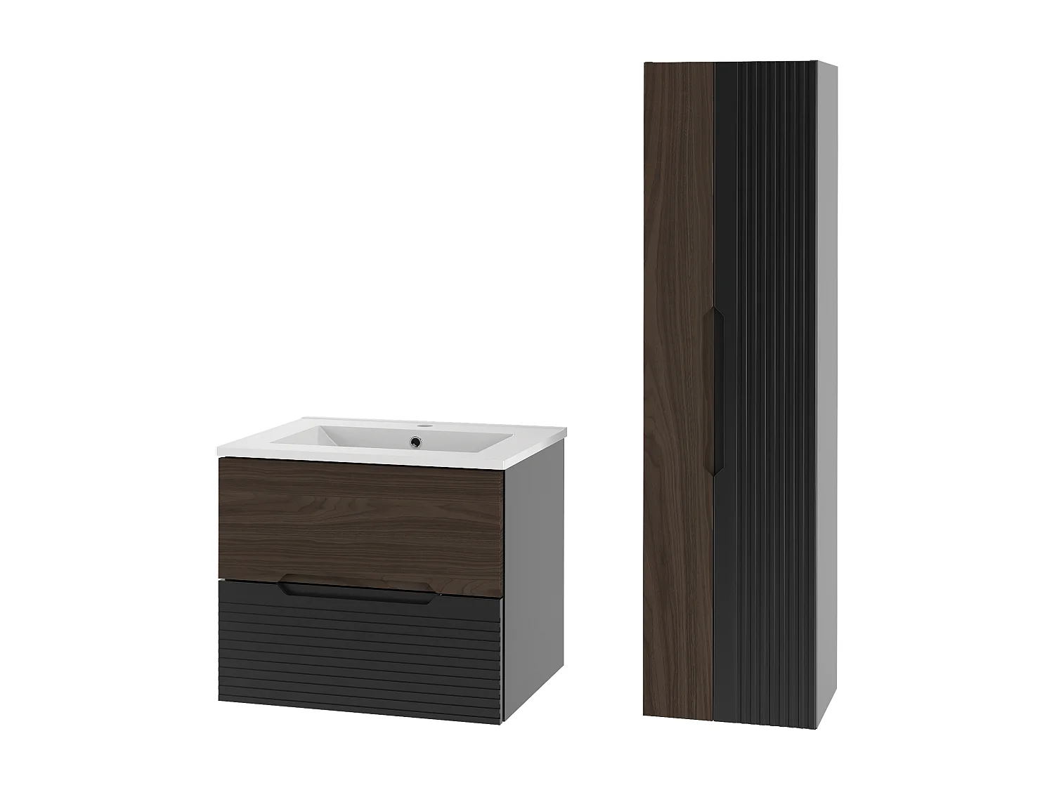 Badkamerset 60 cm Kast met wastafel Kolom Zwart mat / Notenhout Avella