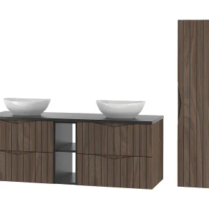 Badkamerset 140 cm Kast met blad Rek Wasbak Kolom Geribbelde fronten Eiken Noten Stella