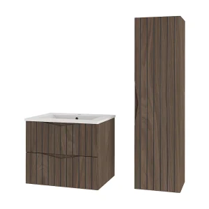 Badkamerset 60 cm Kast met wastafel Kolom Geribbelde fronten Eiken Noten Stella
