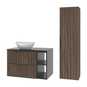 Badkamerset 80 cm Kast met blad Wastafel Rek Puntpoten Geribbelde fronten Eiken Noten Stella Badkamerset 80 cm Kast met blad Wastafel Rek Puntpoten Geribbelde fronten Eiken Noten Stella
